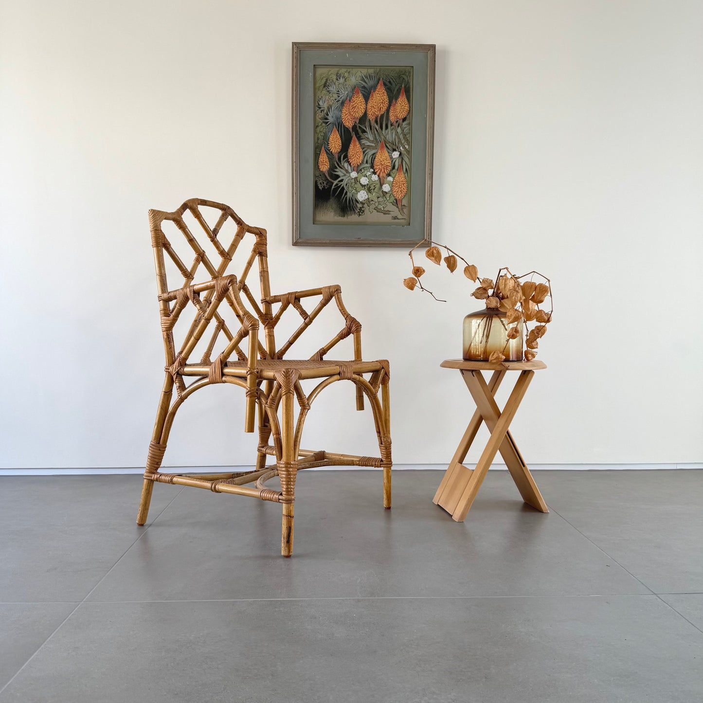 Vintage Bamboo Rattan Wicker Chair with Cane Seating in Chippendale Style