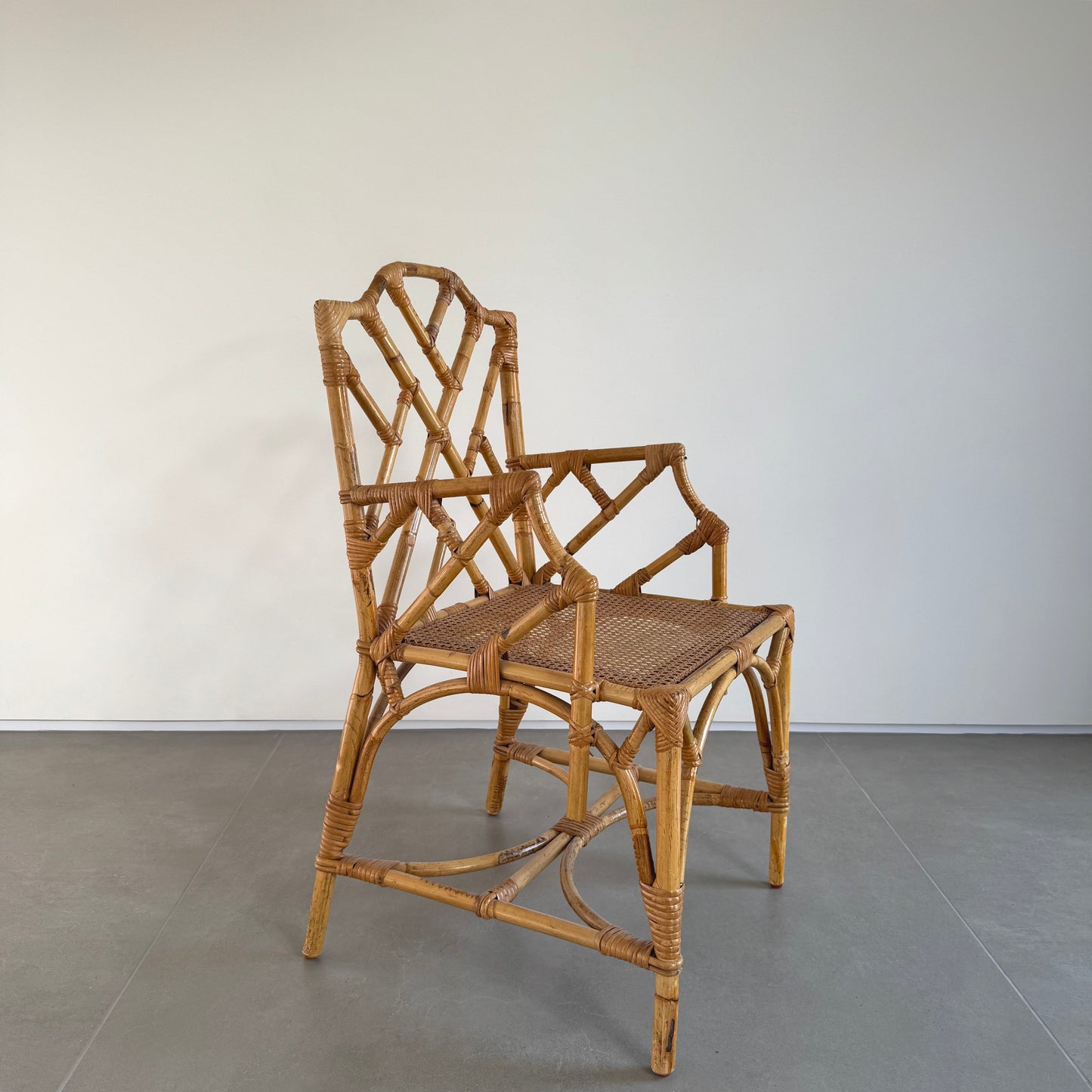 Vintage Bamboo Rattan Wicker Chair with Cane Seating in Chippendale Style