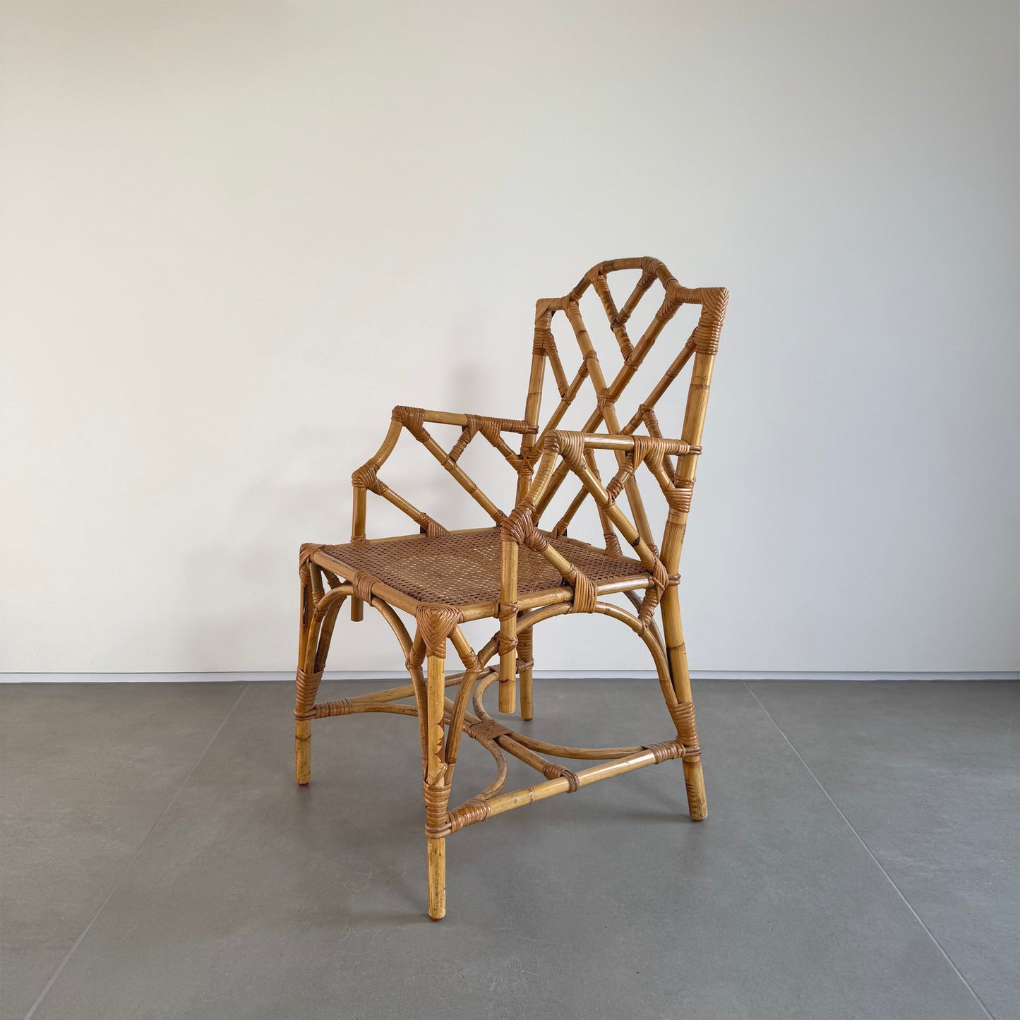 Vintage Bamboo Rattan Wicker Chair with Cane Seating in Chippendale Style