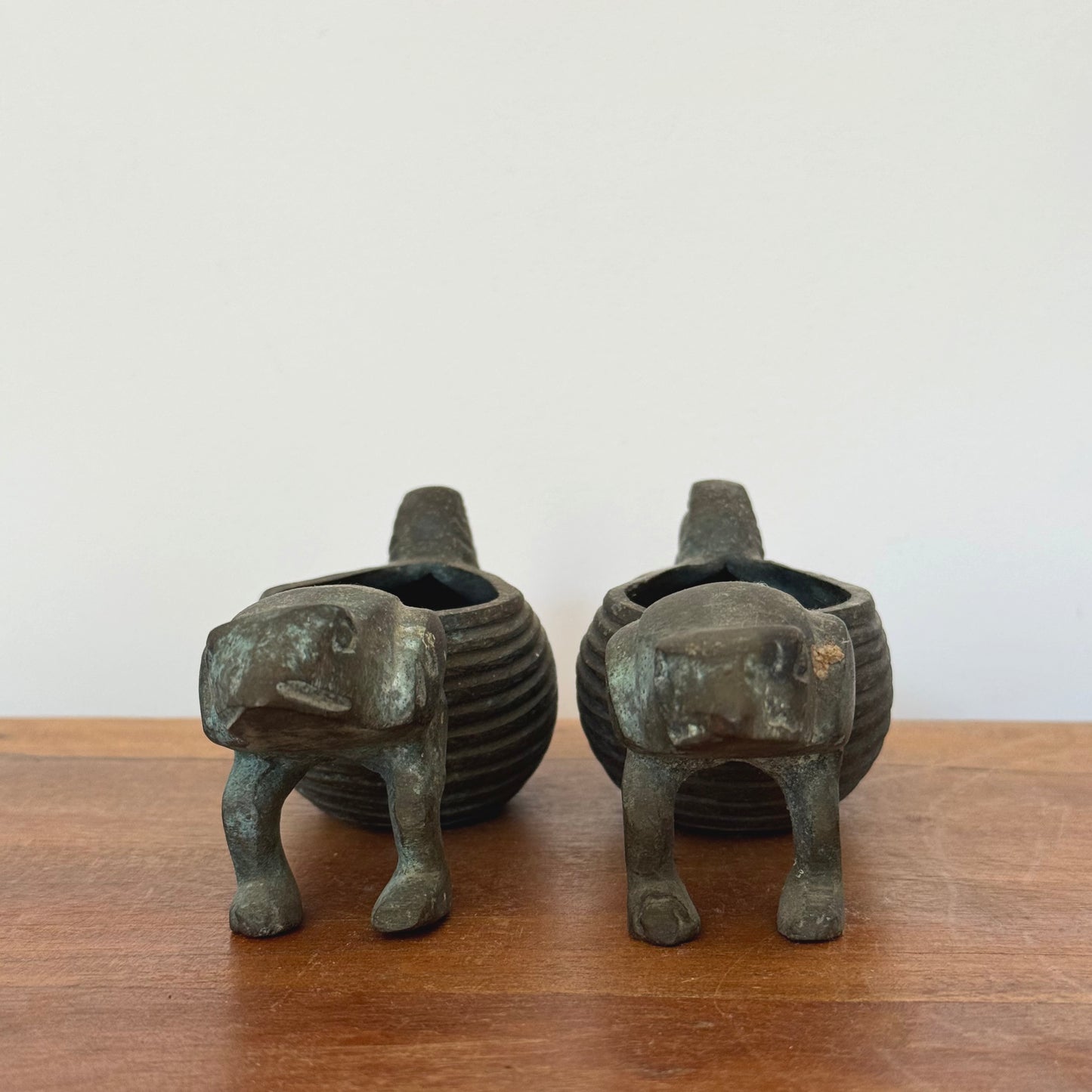 A pair of bronze Frogs Pulling Conch Shell