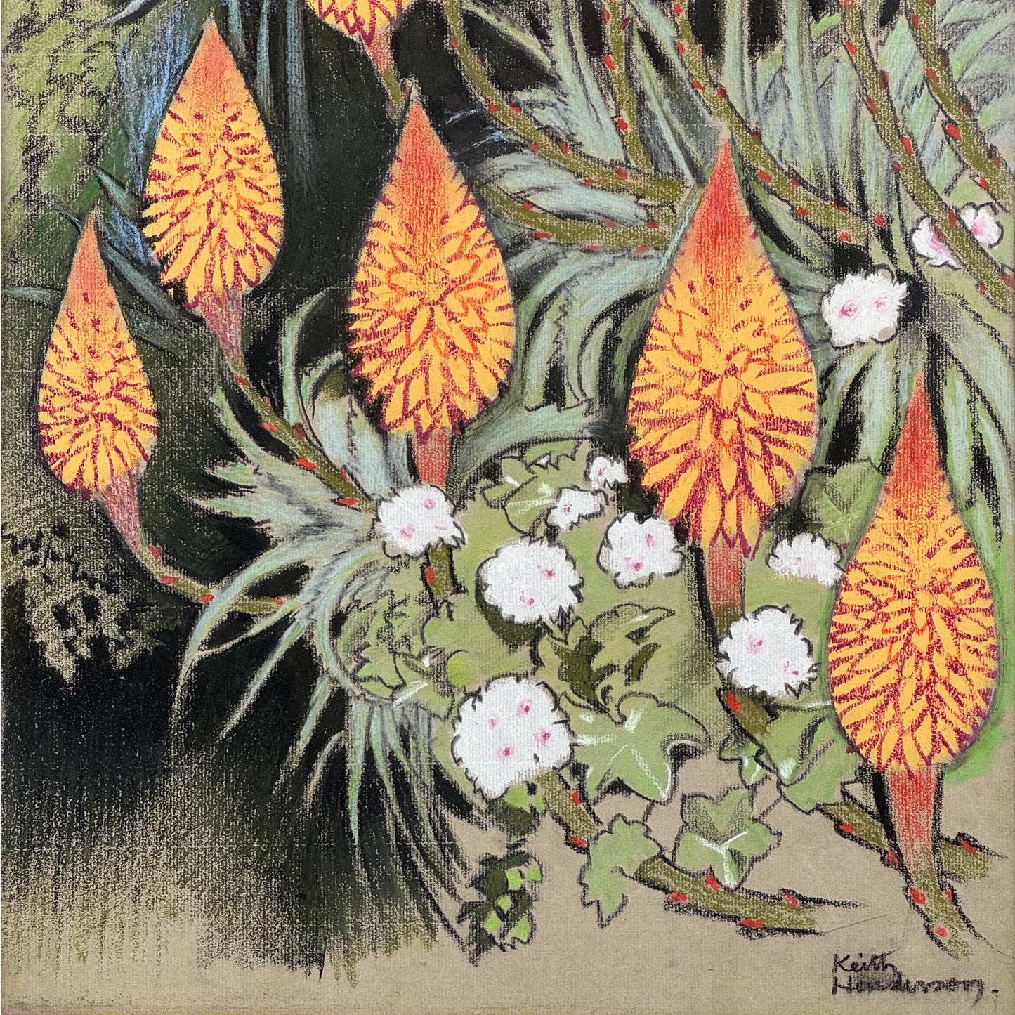 Keith Henderson, coloured pastel drawing "Red Aloes in a Spanish Garden"